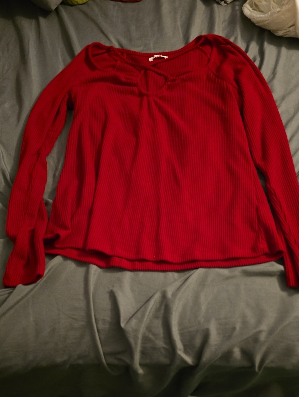 Ribbed Red Long-Sleeve Keyhole Top
